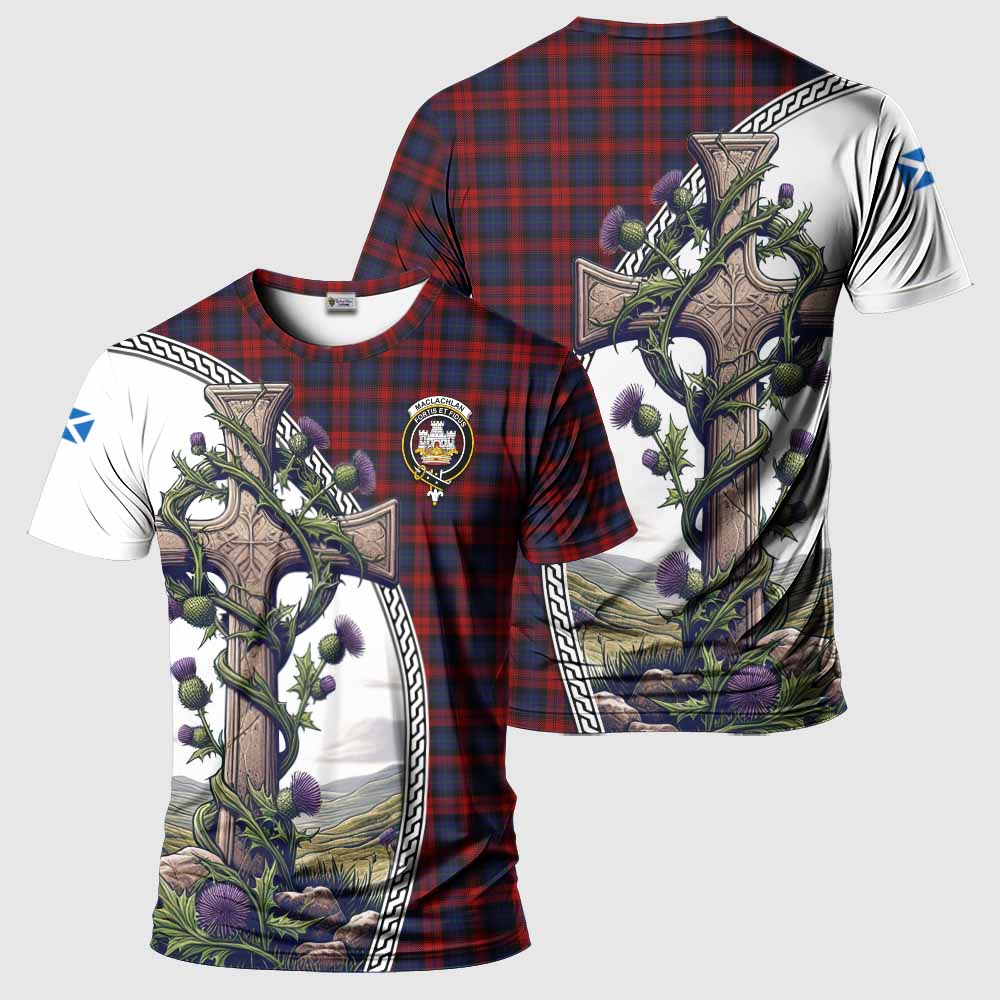 Tartan Vibes Clothing MacLachlan (McLachlan) Agnew Tartan T-Shirt with Family Crest and St. Andrew's Cross Accented by Thistle Vines