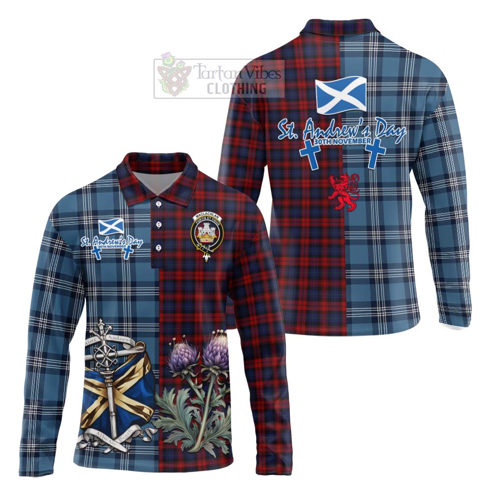 Tartan Vibes Clothing MacLachlan (McLachlan) Tartan Long Sleeve Polo Shirt Happy St. Andrew's Day Half Tartan Style