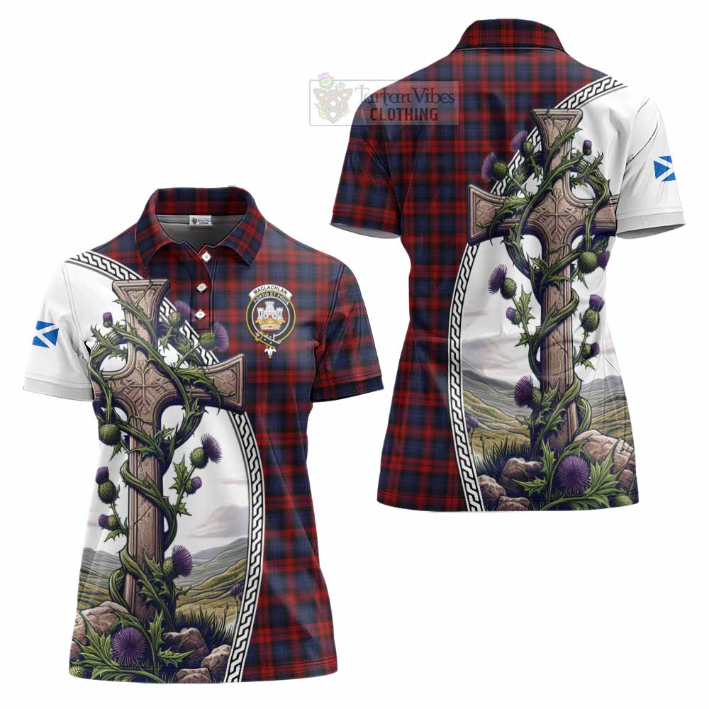 Tartan Vibes Clothing MacLachlan (McLachlan) Tartan Women's Polo Shirt with Family Crest and St. Andrew's Cross Accented by Thistle Vines