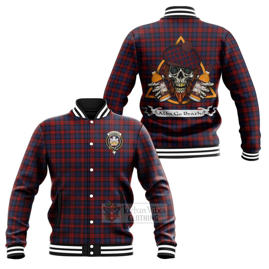 Tartan Vibes Clothing MacLachlan (McLachlan) Tartan Baseball Jacket with Family Crest and Bearded Skull Holding Bottles of Whiskey