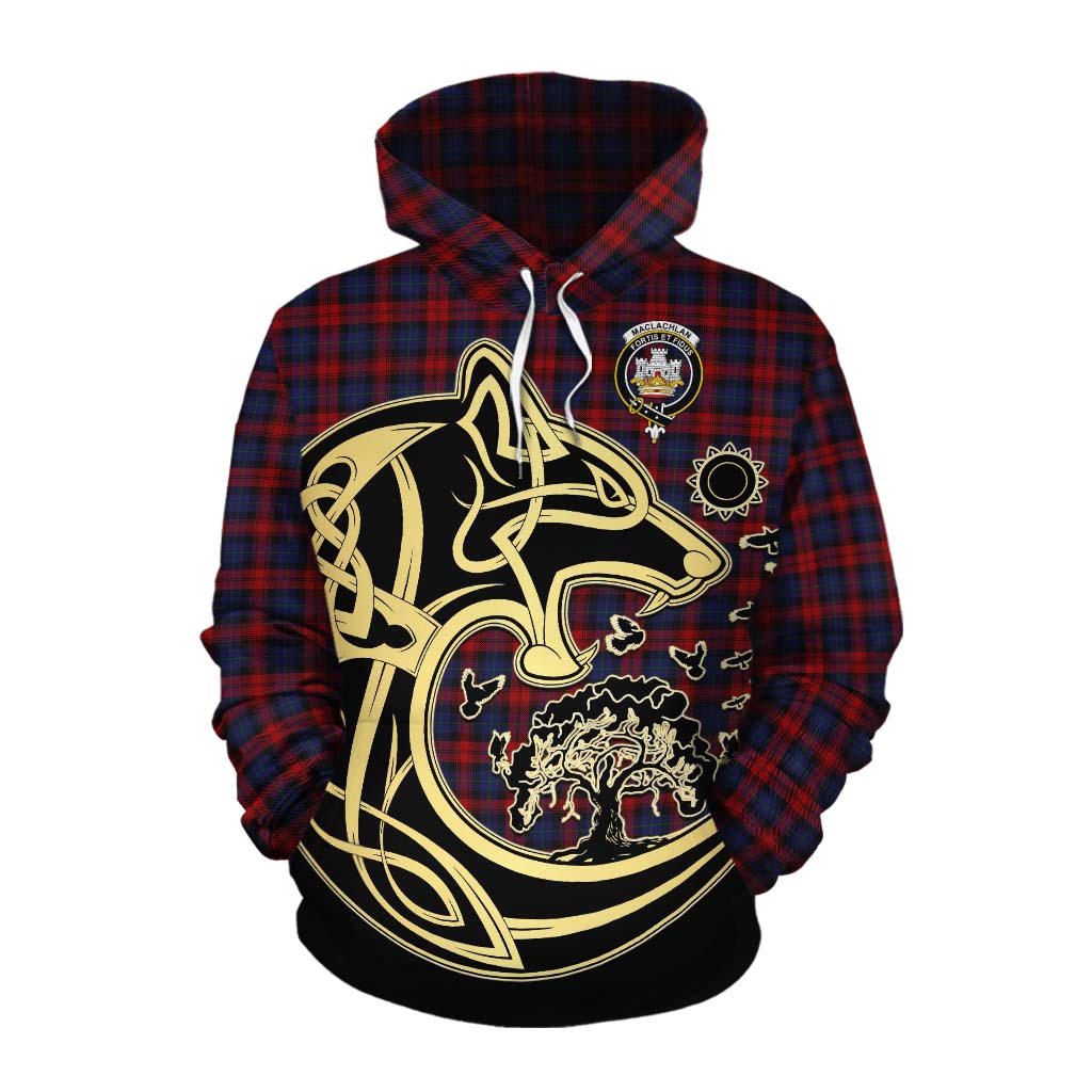 Tartan Vibes Clothing MacLachlan (McLachlan) Tartan Cotton Hoodie with Family Crest Celtic Wolf Style