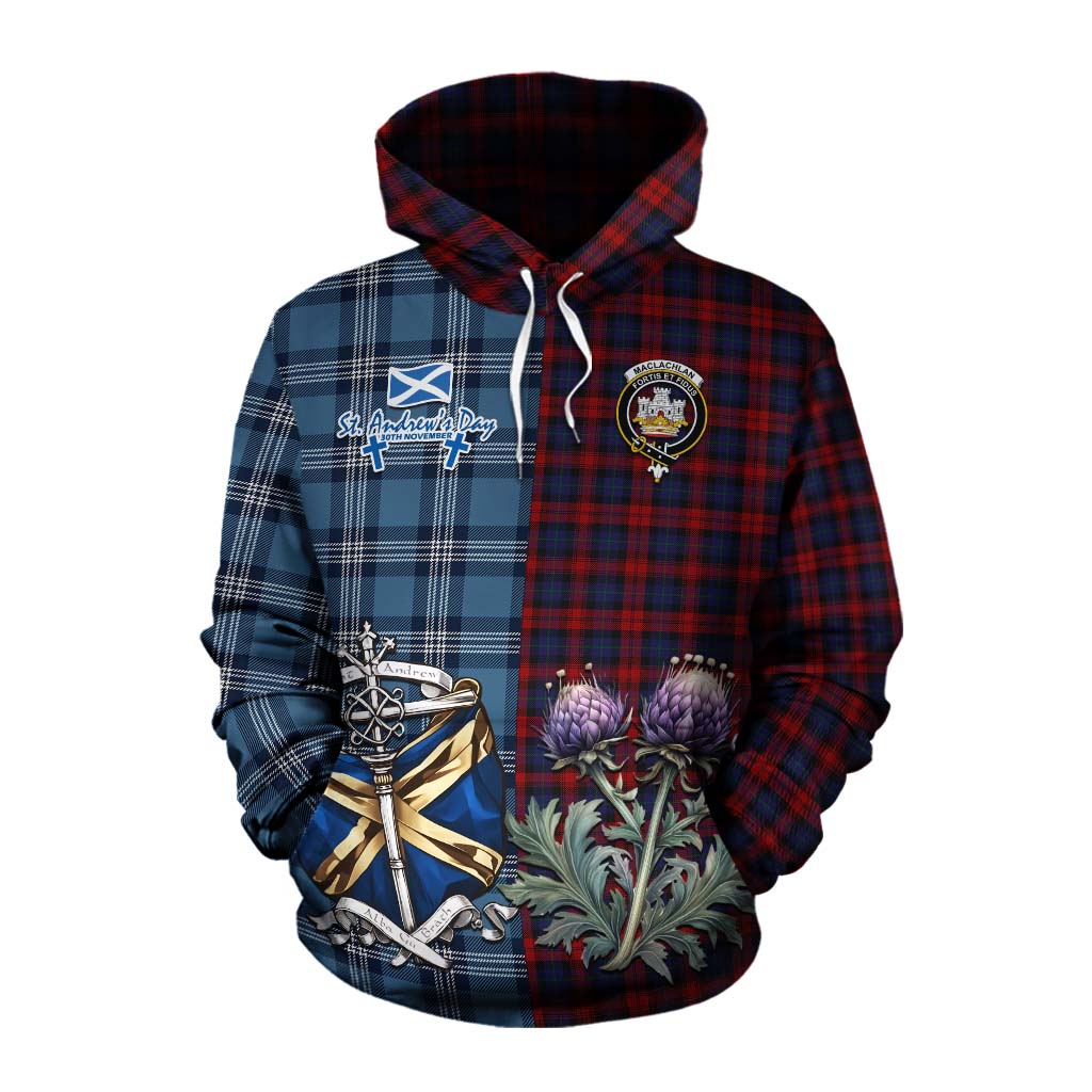 Tartan Vibes Clothing MacLachlan (McLachlan) Tartan Cotton Hoodie Happy St. Andrew's Day Half Tartan Style