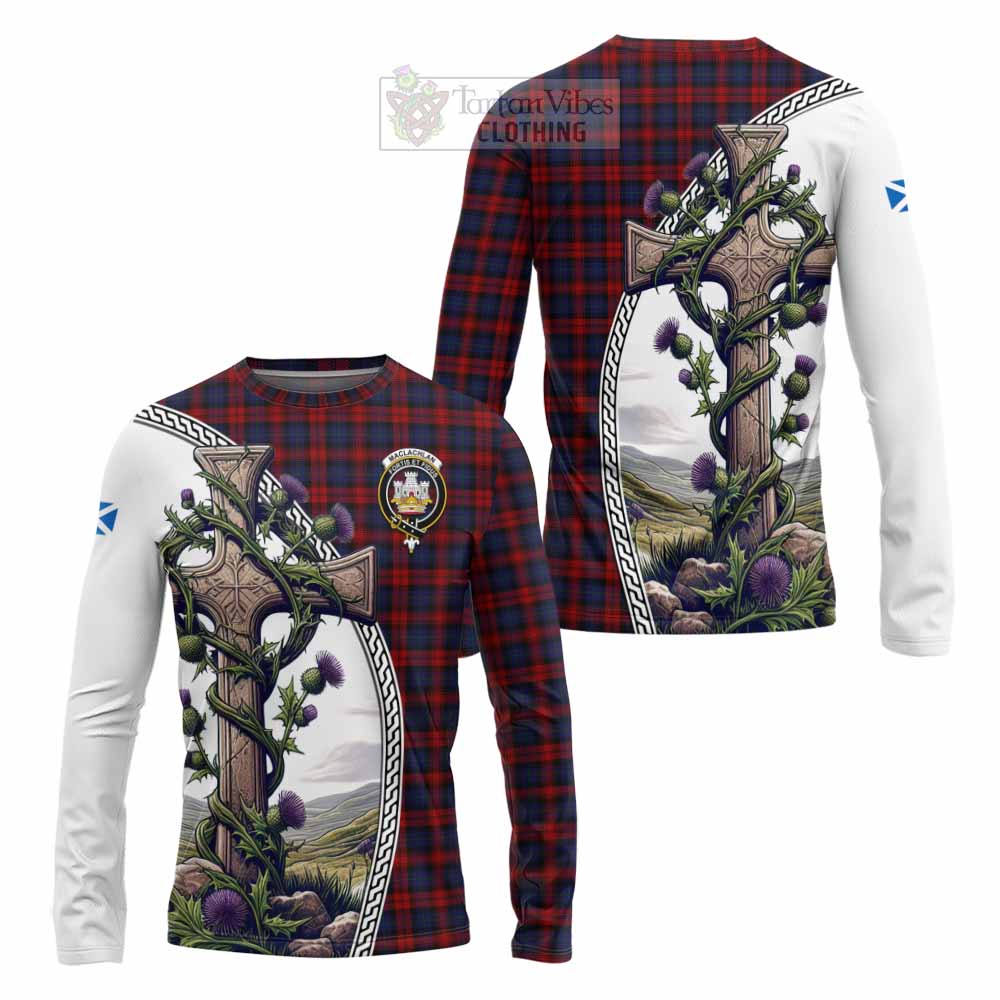 Tartan Vibes Clothing MacLachlan (McLachlan) Tartan Long Sleeve T-Shirt with Family Crest and St. Andrew's Cross Accented by Thistle Vines