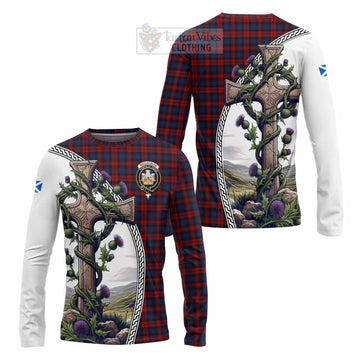 MacLachlan (McLachlan) Tartan Long Sleeve T-Shirt with Family Crest and St. Andrew's Cross Accented by Thistle Vines