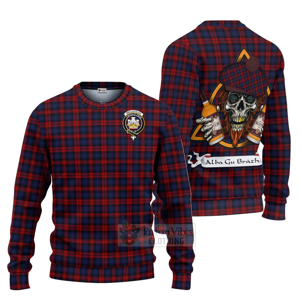 Tartan Vibes Clothing MacLachlan (McLachlan) Tartan Knitted Sweater with Family Crest and Bearded Skull Holding Bottles of Whiskey