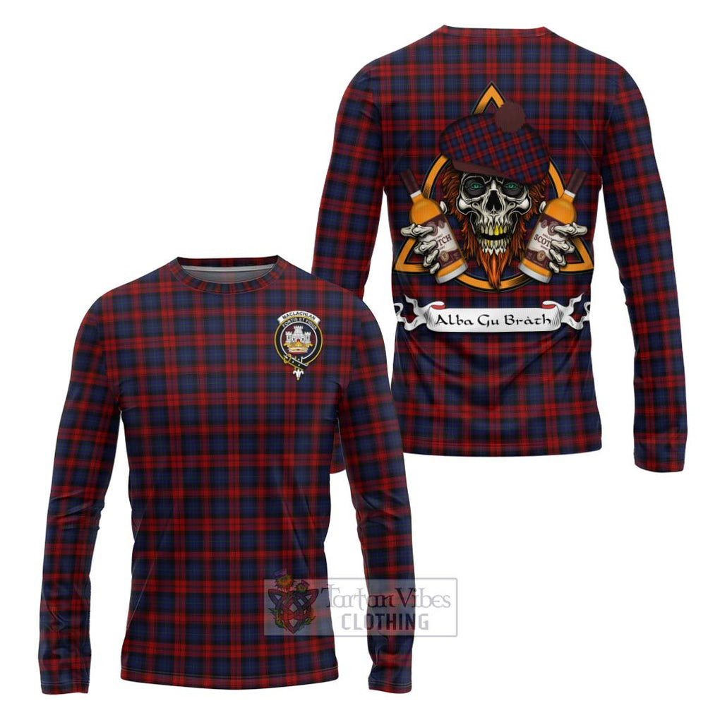 Tartan Vibes Clothing MacLachlan (McLachlan) Tartan Long Sleeve T-Shirt with Family Crest and Bearded Skull Holding Bottles of Whiskey