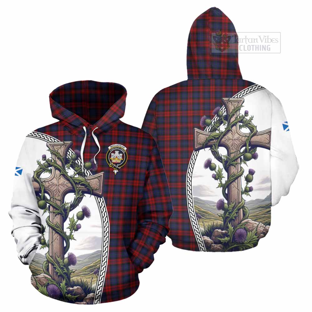 Tartan Vibes Clothing MacLachlan (McLachlan) Tartan Hoodie with Family Crest and St. Andrew's Cross Accented by Thistle Vines