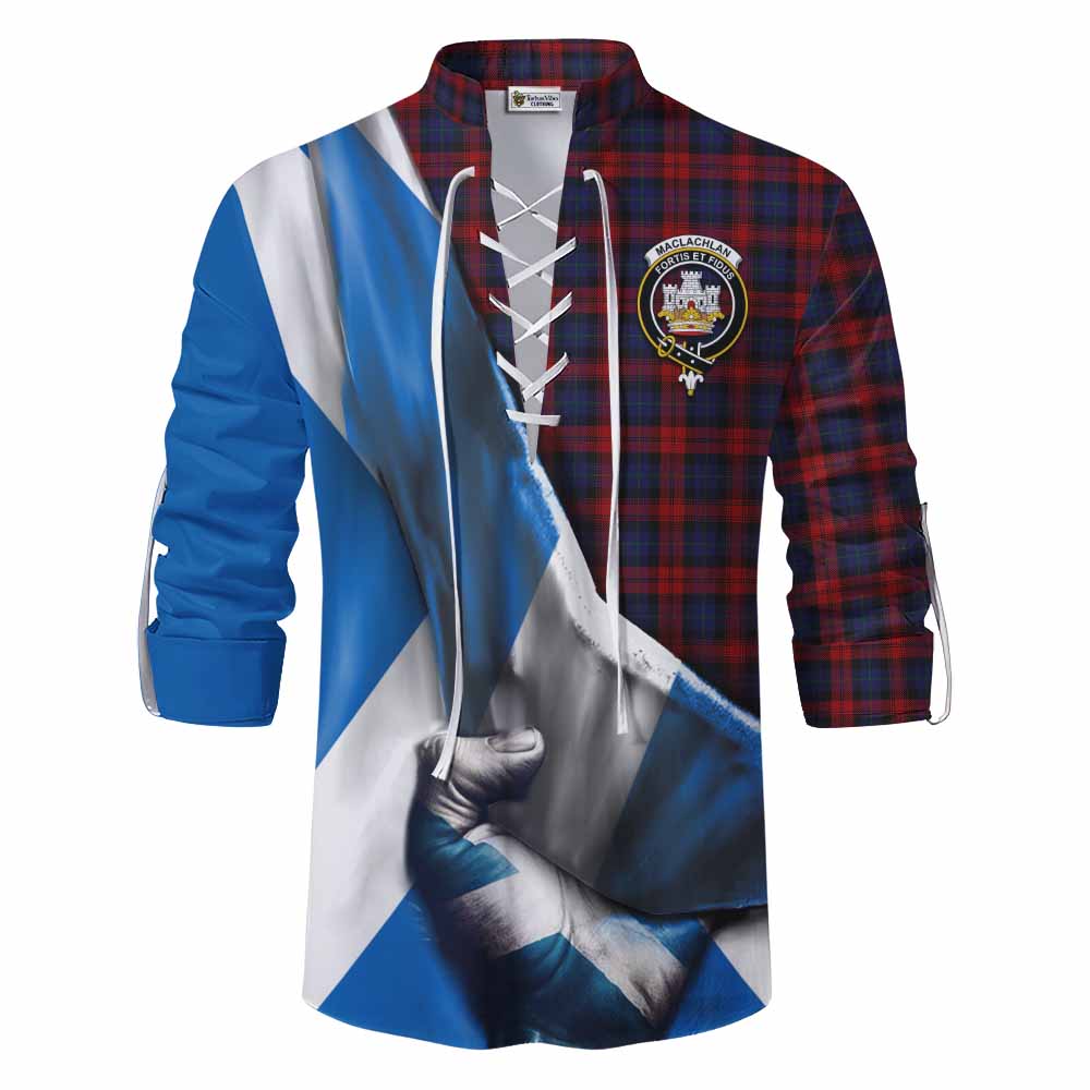 Tartan Vibes Clothing MacLachlan (McLachlan) Tartan Ghillie Kilt Shirt with Family Crest Scotland Patriotic Style