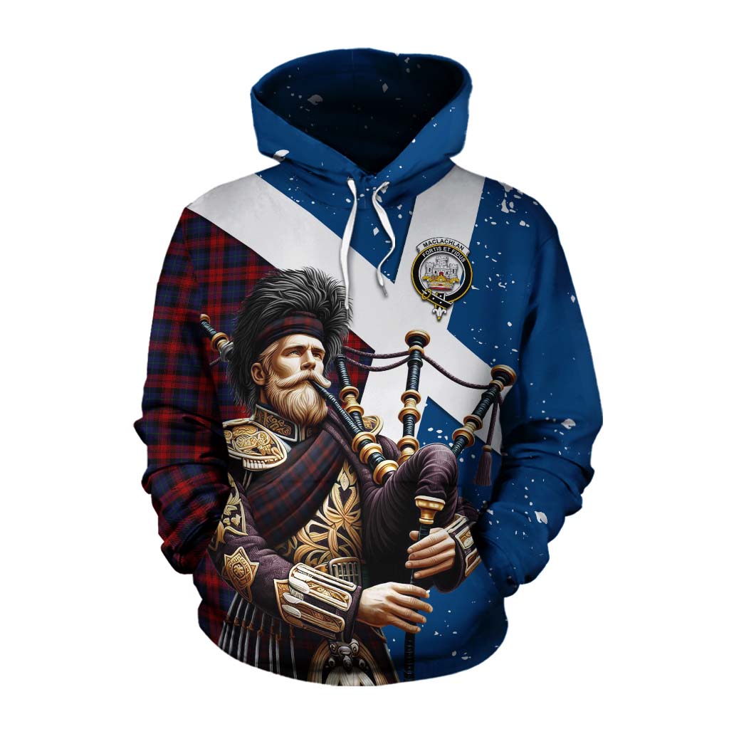 Tartan Vibes Clothing MacLachlan (McLachlan) Tartan Cotton Hoodie with Family Crest Scottish Bagpiper Vibes