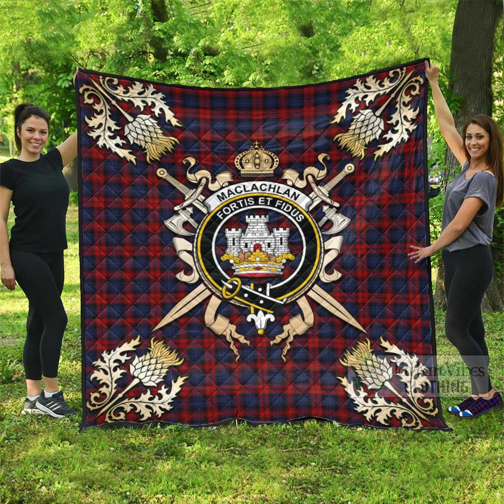 Tartan Vibes Clothing MacLachlan (McLachlan) Tartan Quilt with Family Crest and Scottish Golden Courage Shield