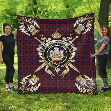 MacLachlan (McLachlan) Tartan Quilt with Family Crest and Golden Thistle Crossed Sword Design