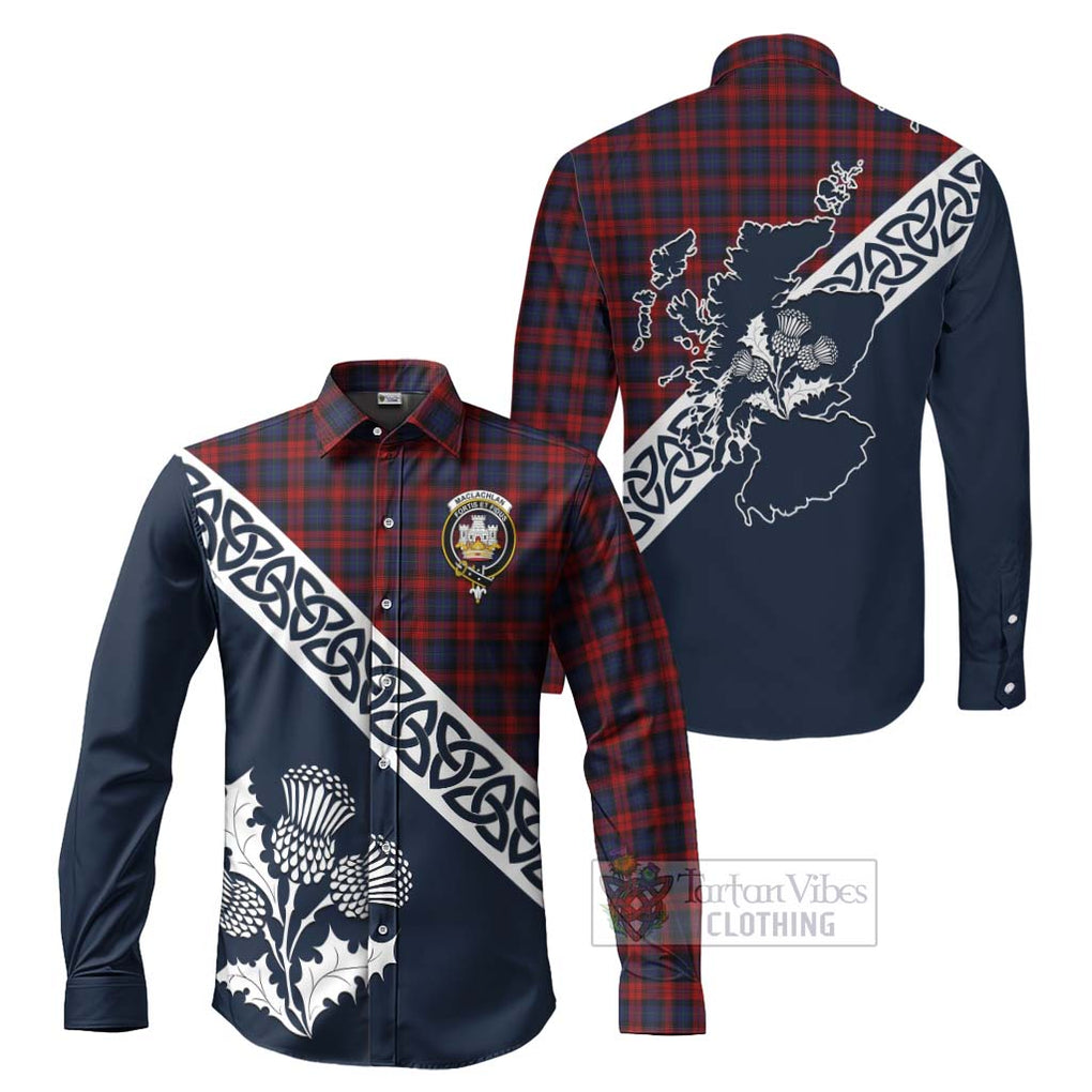 Tartan Vibes Clothing MacLachlan (McLachlan) Tartan Long Sleeve Button Shirt Featuring Thistle and Scotland Map