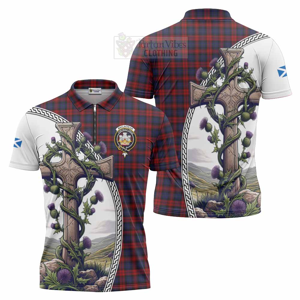 Tartan Vibes Clothing MacLachlan (McLachlan) Tartan Zipper Polo Shirt with Family Crest and St. Andrew's Cross Accented by Thistle Vines