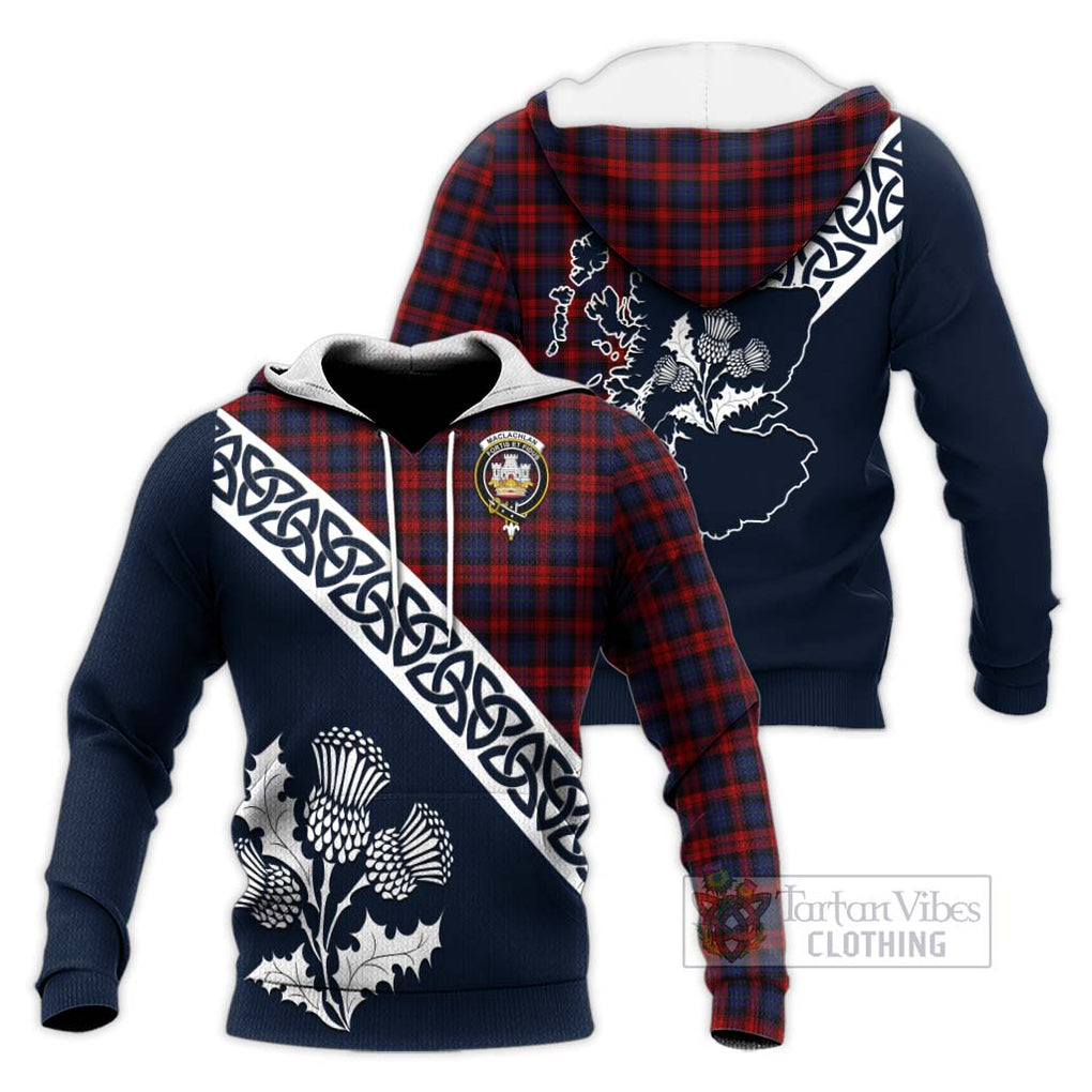 Tartan Vibes Clothing MacLachlan (McLachlan) Tartan Knitted Hoodie Featuring Thistle and Scotland Map