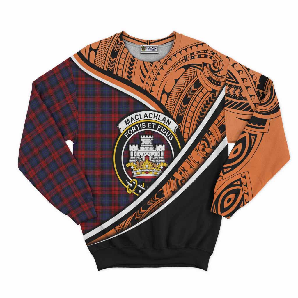 Tartan Vibes Clothing MacLachlan (McLachlan) Crest Tartan Sweatshirt with Maori Tattoo Style - Orange Version