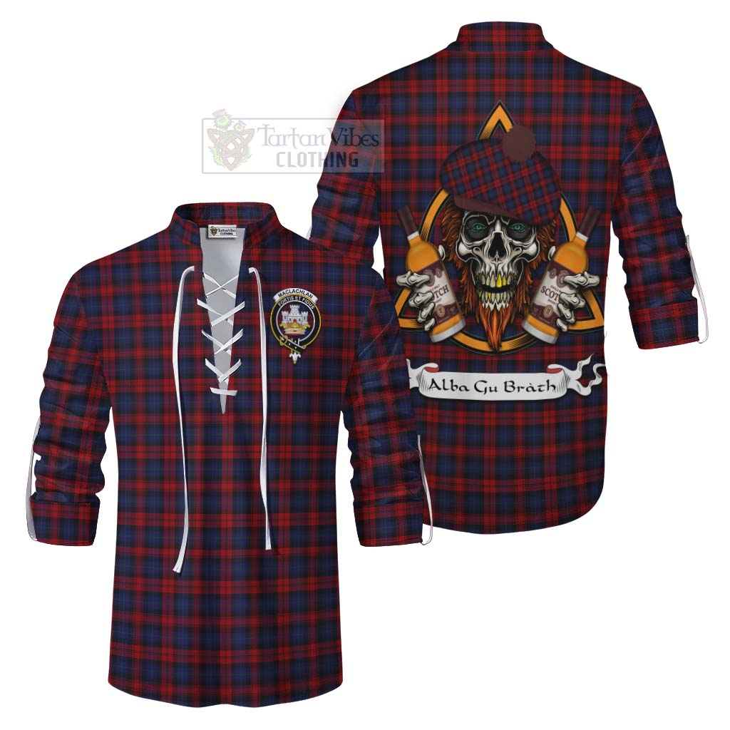 Tartan Vibes Clothing MacLachlan (McLachlan) Tartan Ghillie Kilt Shirt with Family Crest and Bearded Skull Holding Bottles of Whiskey