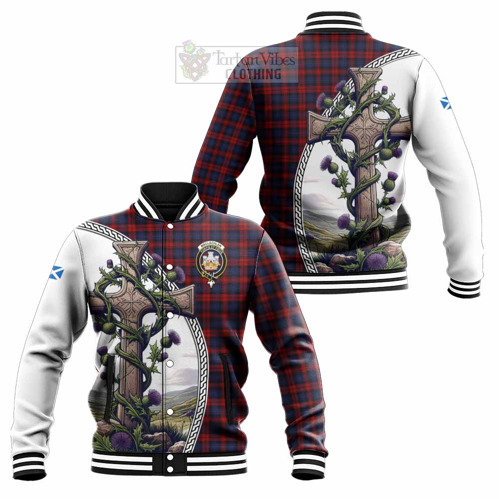 Tartan Vibes Clothing MacLachlan (McLachlan) Tartan Baseball Jacket with Family Crest and St. Andrew's Cross Accented by Thistle Vines