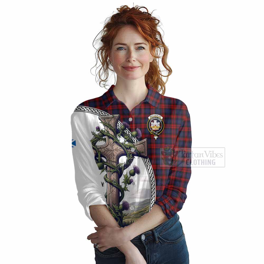 Tartan Vibes Clothing MacLachlan (McLachlan) Tartan Women's Casual Shirt with Family Crest and St. Andrew's Cross Accented by Thistle Vines