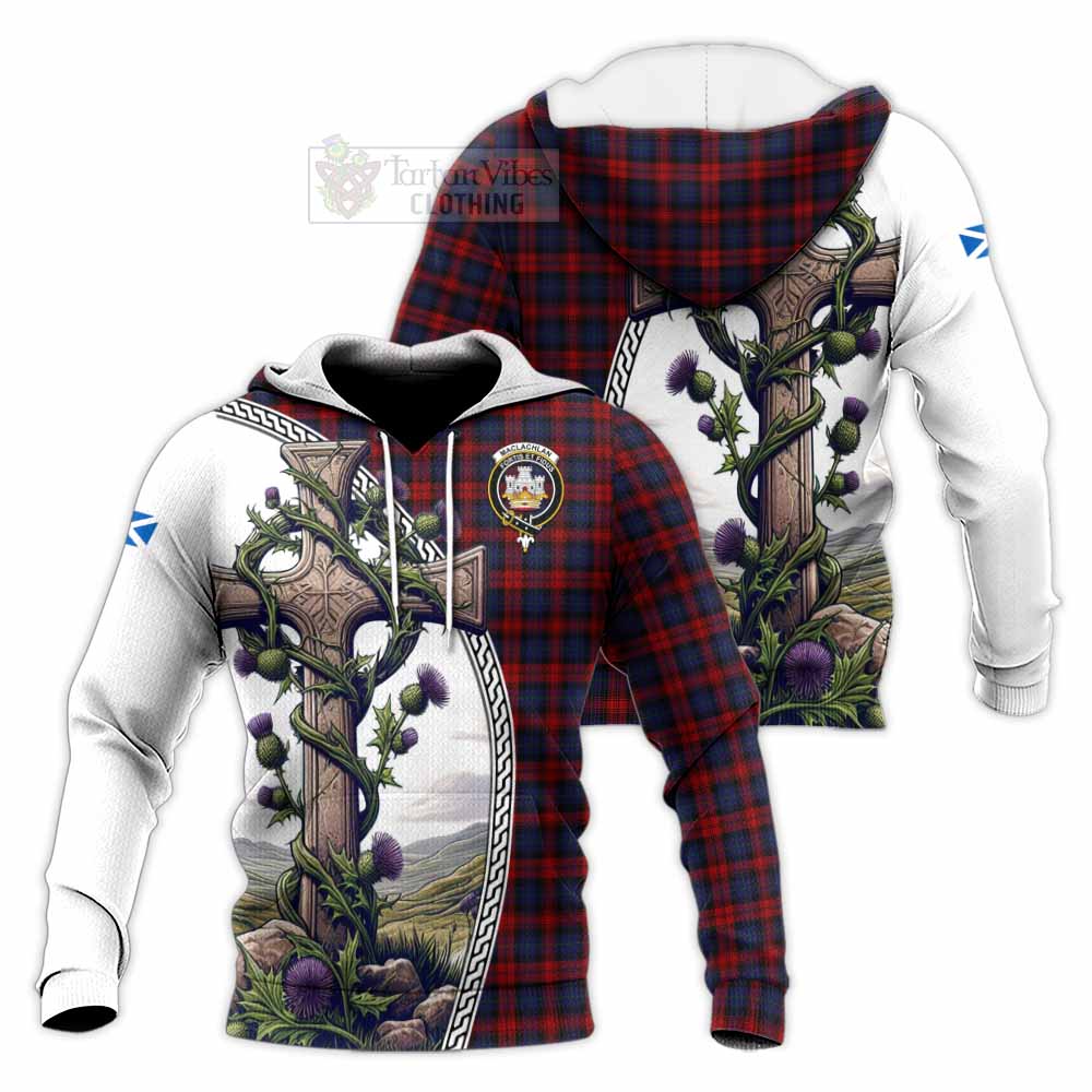 Tartan Vibes Clothing MacLachlan (McLachlan) Tartan Knitted Hoodie with Family Crest and St. Andrew's Cross Accented by Thistle Vines