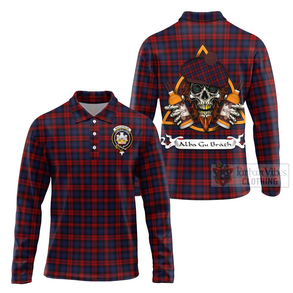 Tartan Vibes Clothing MacLachlan (McLachlan) Tartan Long Sleeve Polo Shirt with Family Crest and Bearded Skull Holding Bottles of Whiskey