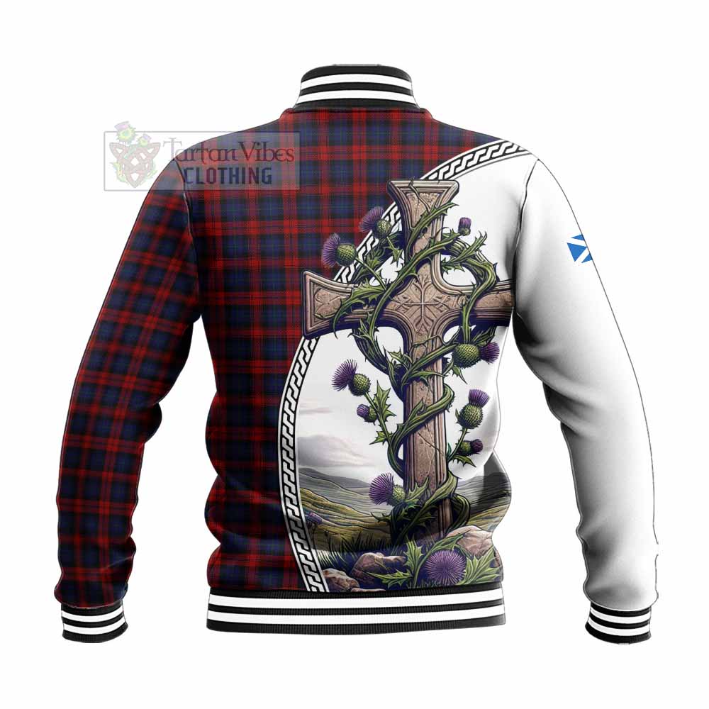 Tartan Vibes Clothing MacLachlan (McLachlan) Tartan Baseball Jacket with Family Crest and St. Andrew's Cross Accented by Thistle Vines