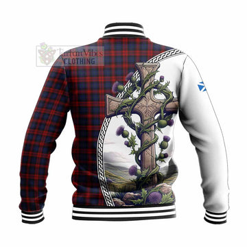 MacLachlan (McLachlan) Tartan Baseball Jacket with Family Crest and St. Andrew's Cross Accented by Thistle Vines