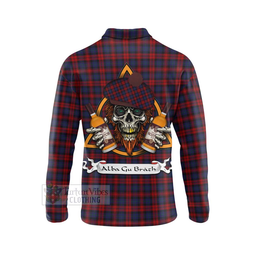 Tartan Vibes Clothing MacLachlan (McLachlan) Tartan Long Sleeve Polo Shirt with Family Crest and Bearded Skull Holding Bottles of Whiskey