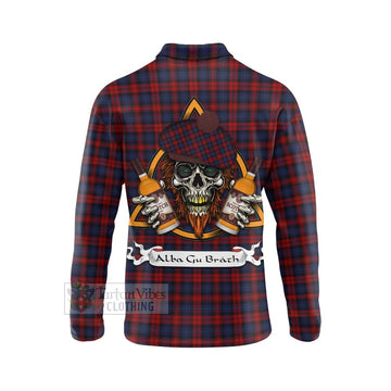 MacLachlan (McLachlan) Tartan Long Sleeve Polo Shirt with Family Crest and Bearded Skull Holding Bottles of Whiskey