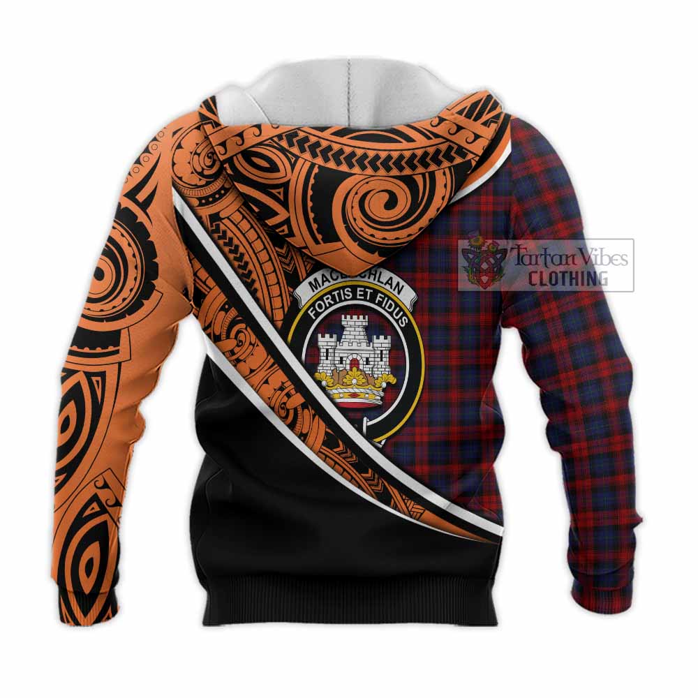 Tartan Vibes Clothing MacLachlan (McLachlan) Crest Tartan Knitted Hoodie with Maori Tattoo Style - Orange Version