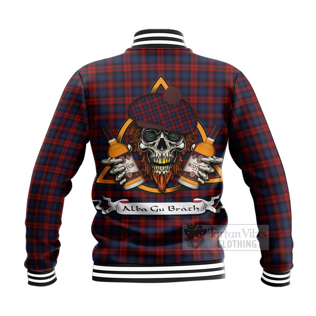 Tartan Vibes Clothing MacLachlan (McLachlan) Tartan Baseball Jacket with Family Crest and Bearded Skull Holding Bottles of Whiskey