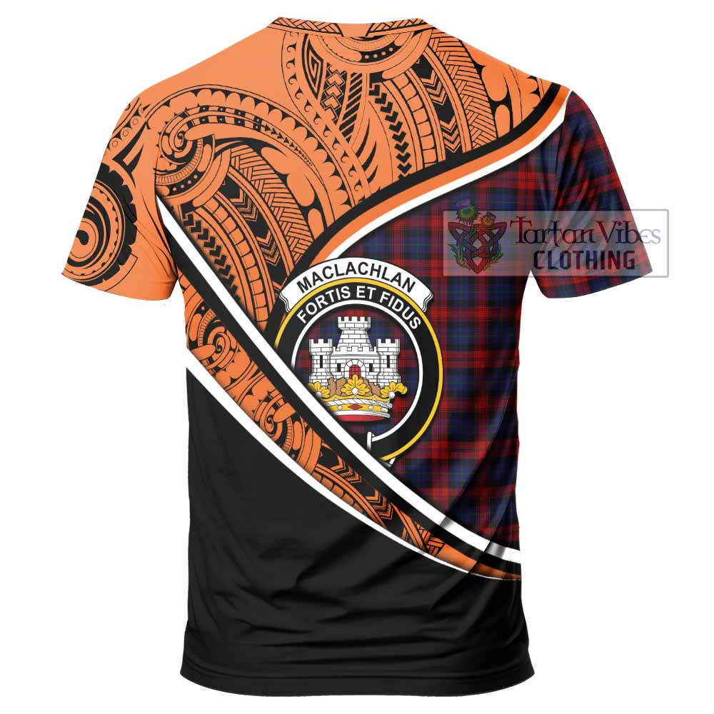 Tartan Vibes Clothing MacLachlan (McLachlan) Crest Tartan T-Shirt with Maori Tattoo Style - Orange Version