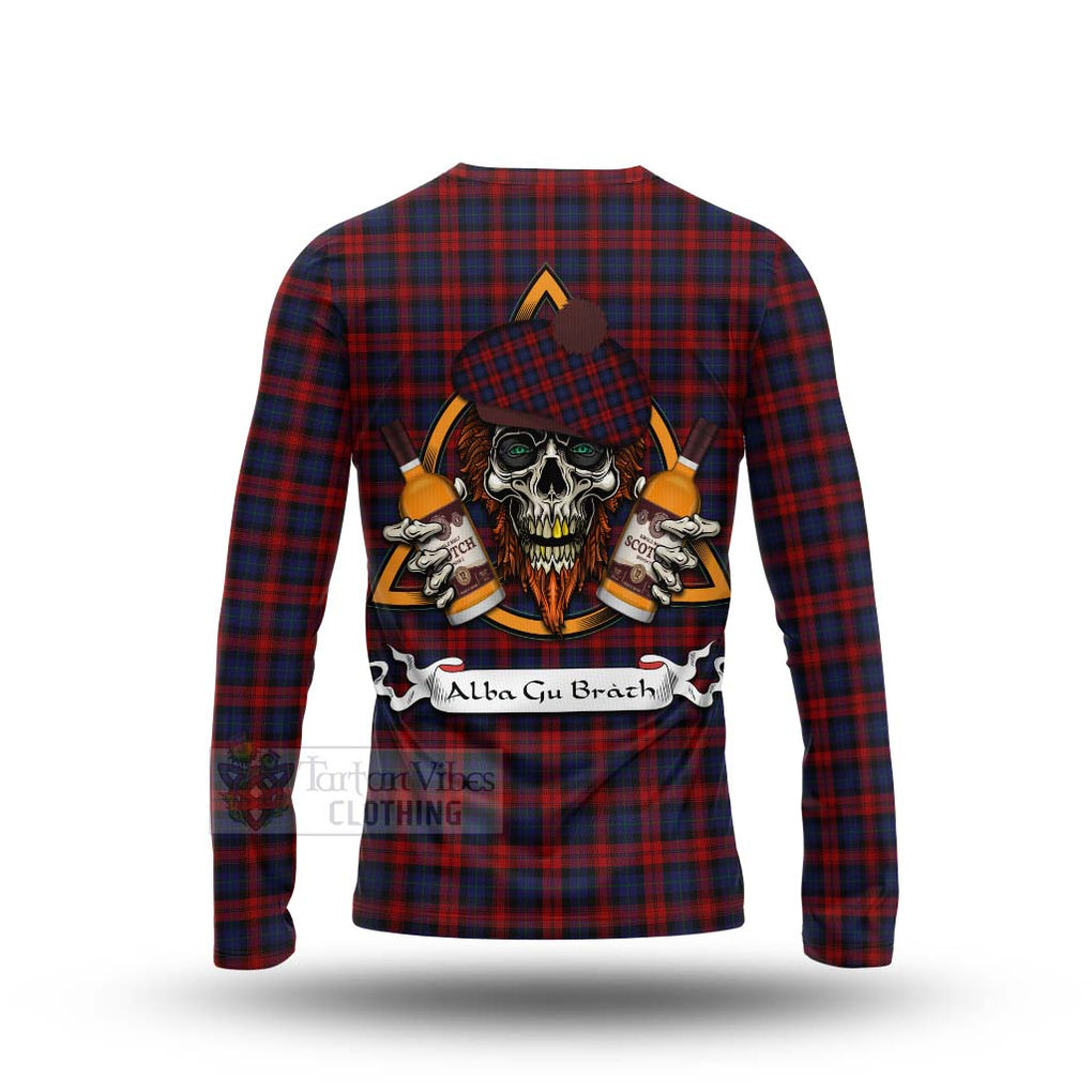 Tartan Vibes Clothing MacLachlan (McLachlan) Tartan Long Sleeve T-Shirt with Family Crest and Bearded Skull Holding Bottles of Whiskey