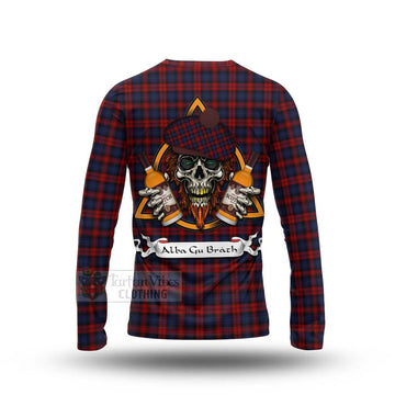 MacLachlan (McLachlan) Tartan Long Sleeve T-Shirt with Family Crest and Bearded Skull Holding Bottles of Whiskey