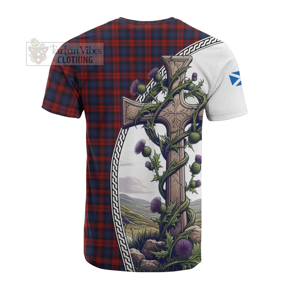 Tartan Vibes Clothing MacLachlan (McLachlan) Tartan Cotton T-shirt with Family Crest and St. Andrew's Cross Accented by Thistle Vines