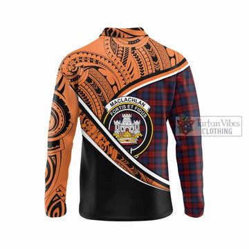 MacLachlan (McLachlan) Crest Tartan Long Sleeve Polo Shirt with Polynesian Vibes Style - Orange Version