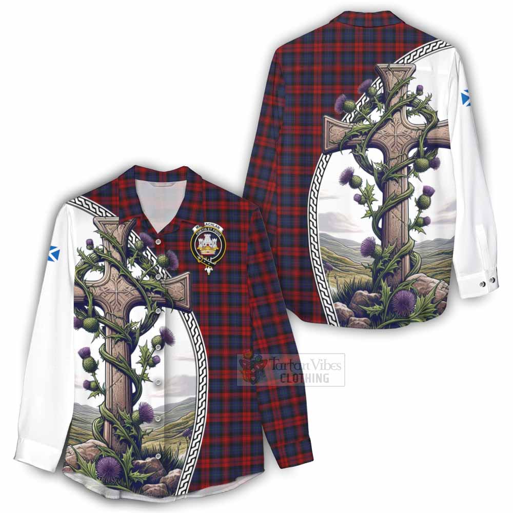 Tartan Vibes Clothing MacLachlan (McLachlan) Tartan Women's Casual Shirt with Family Crest and St. Andrew's Cross Accented by Thistle Vines