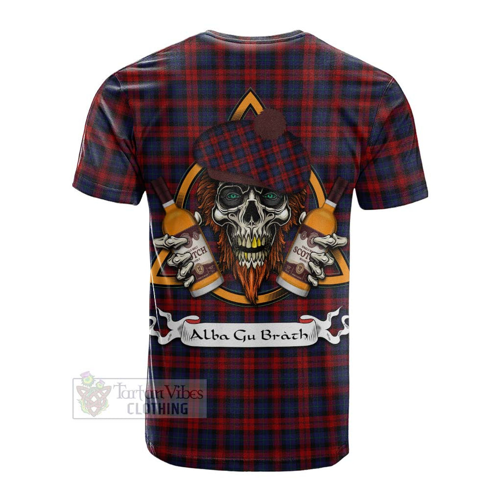 Tartan Vibes Clothing MacLachlan (McLachlan) Tartan Cotton T-shirt with Family Crest and Bearded Skull Holding Bottles of Whiskey