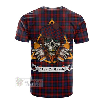 MacLachlan (McLachlan) Tartan Cotton T-shirt with Family Crest and Bearded Skull Holding Bottles of Whiskey