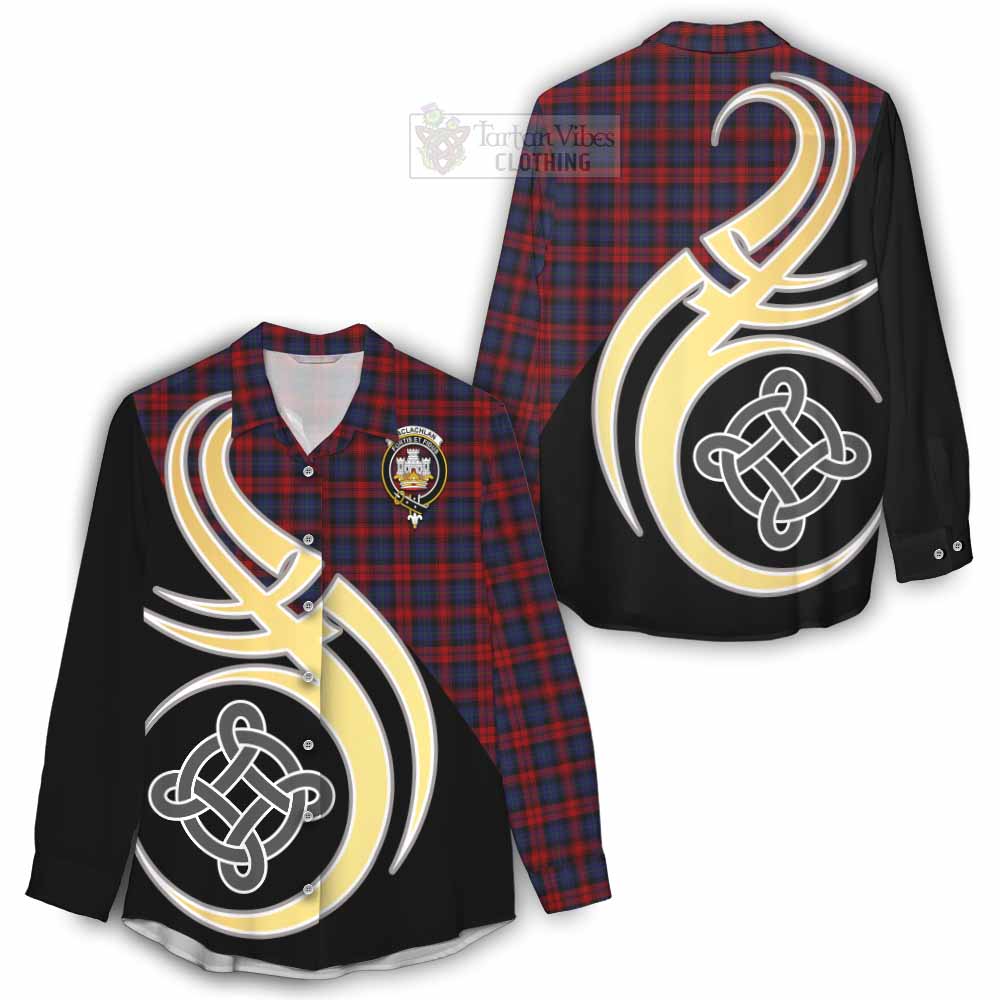 Tartan Vibes Clothing MacLachlan (McLachlan) Tartan Women's Casual Shirt with Family Crest and Celtic Symbol Style