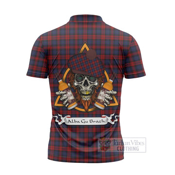 MacLachlan (McLachlan) Tartan Zipper Polo Shirt with Family Crest and Bearded Skull Holding Bottles of Whiskey