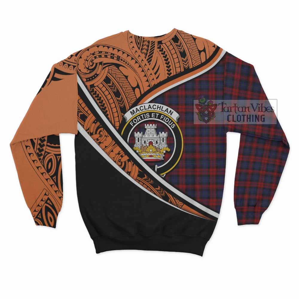 Tartan Vibes Clothing MacLachlan (McLachlan) Crest Tartan Sweatshirt with Maori Tattoo Style - Orange Version