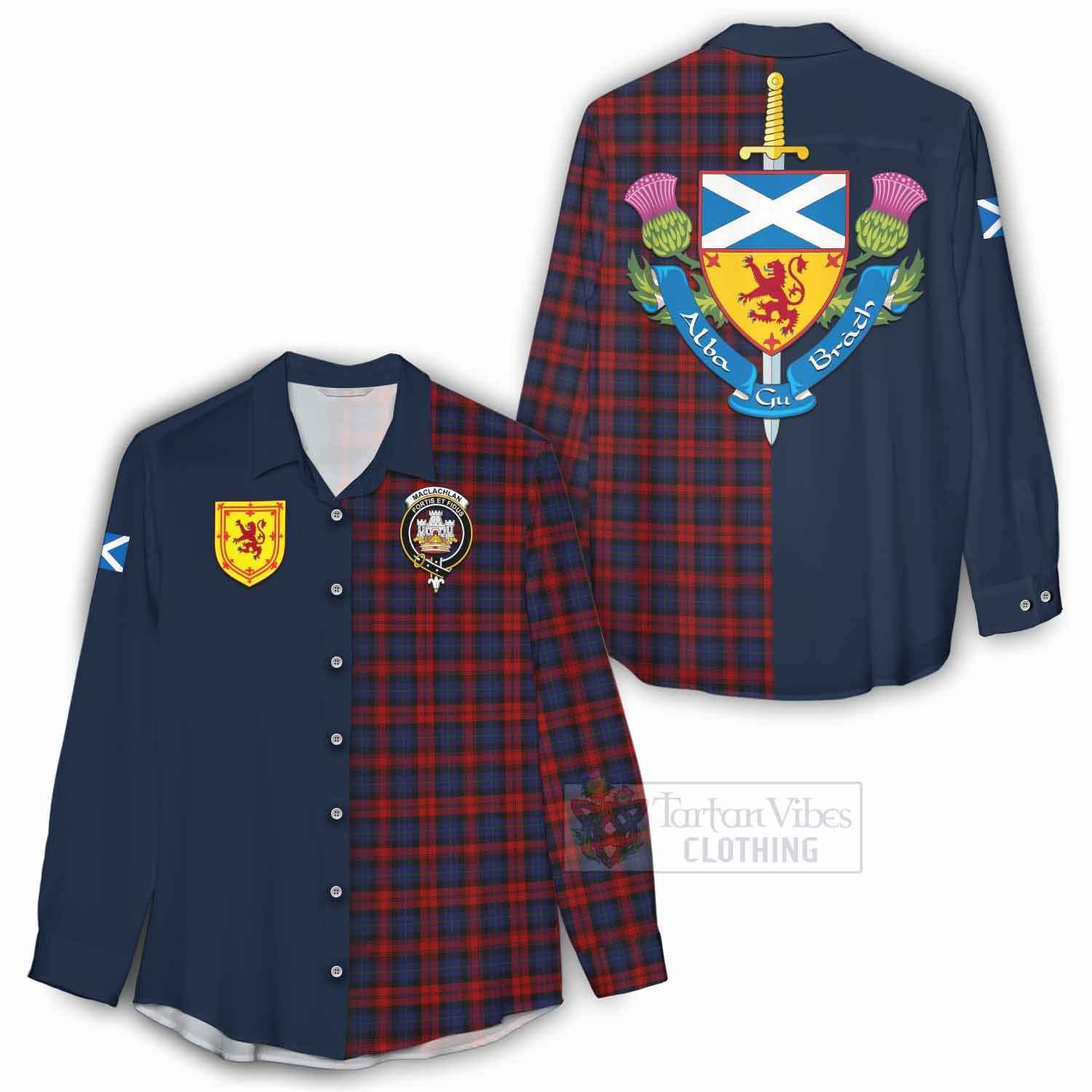 Tartan Vibes Clothing MacLachlan (McLachlan) Tartan Women's Casual Shirt Alba with Scottish Lion Royal Arm Half Style