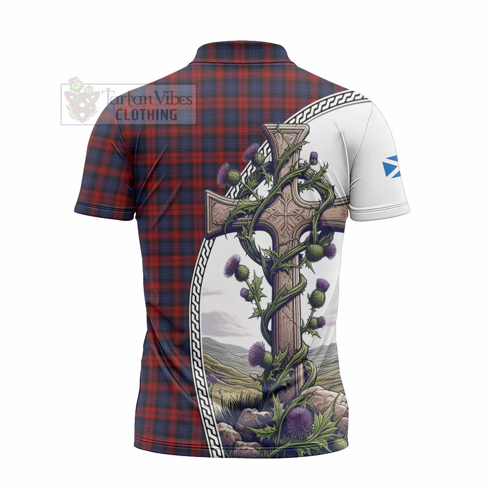 Tartan Vibes Clothing MacLachlan (McLachlan) Tartan Zipper Polo Shirt with Family Crest and St. Andrew's Cross Accented by Thistle Vines