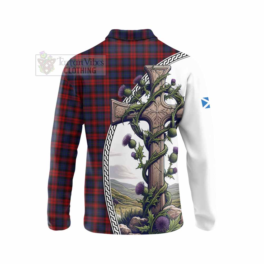 Tartan Vibes Clothing MacLachlan (McLachlan) Tartan Long Sleeve Polo Shirt with Family Crest and St. Andrew's Cross Accented by Thistle Vines