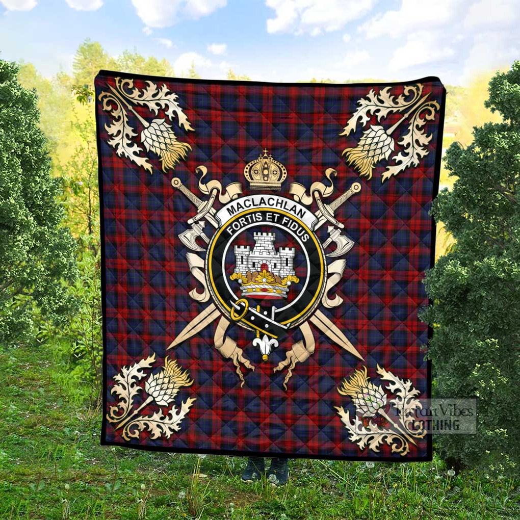 Tartan Vibes Clothing MacLachlan (McLachlan) Tartan Quilt with Family Crest and Scottish Golden Courage Shield