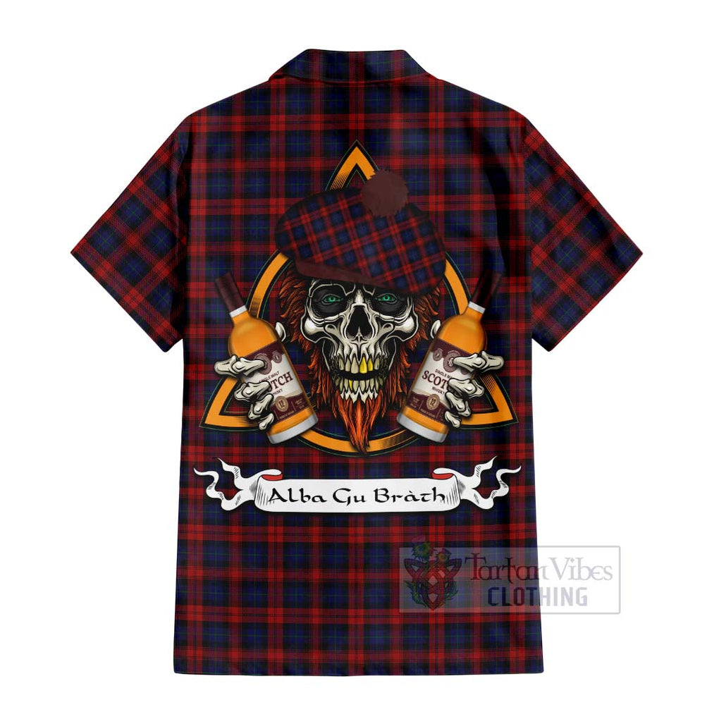 Tartan Vibes Clothing MacLachlan (McLachlan) Tartan Short Sleeve Button Shirt with Family Crest and Bearded Skull Holding Bottles of Whiskey