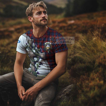 MacLachlan (McLachlan) Tartan T-Shirt with Family Crest and St. Andrew's Cross Accented by Thistle Vines