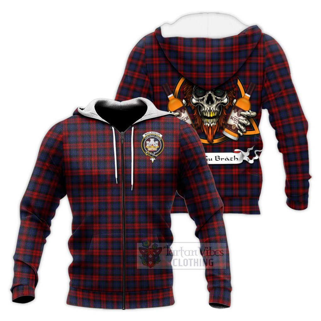 Tartan Vibes Clothing MacLachlan (McLachlan) Tartan Knitted Hoodie with Family Crest and Bearded Skull Holding Bottles of Whiskey