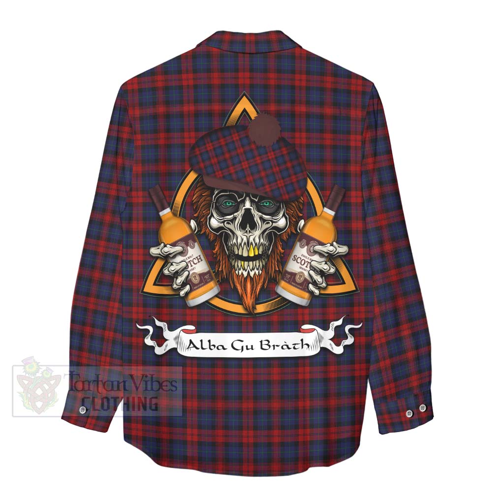 Tartan Vibes Clothing MacLachlan (McLachlan) Tartan Women's Casual Shirt with Family Crest and Bearded Skull Holding Bottles of Whiskey