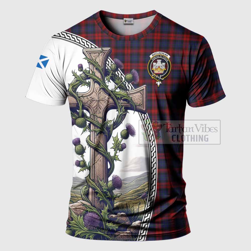 Tartan Vibes Clothing MacLachlan (McLachlan) Agnew Tartan T-Shirt with Family Crest and St. Andrew's Cross Accented by Thistle Vines